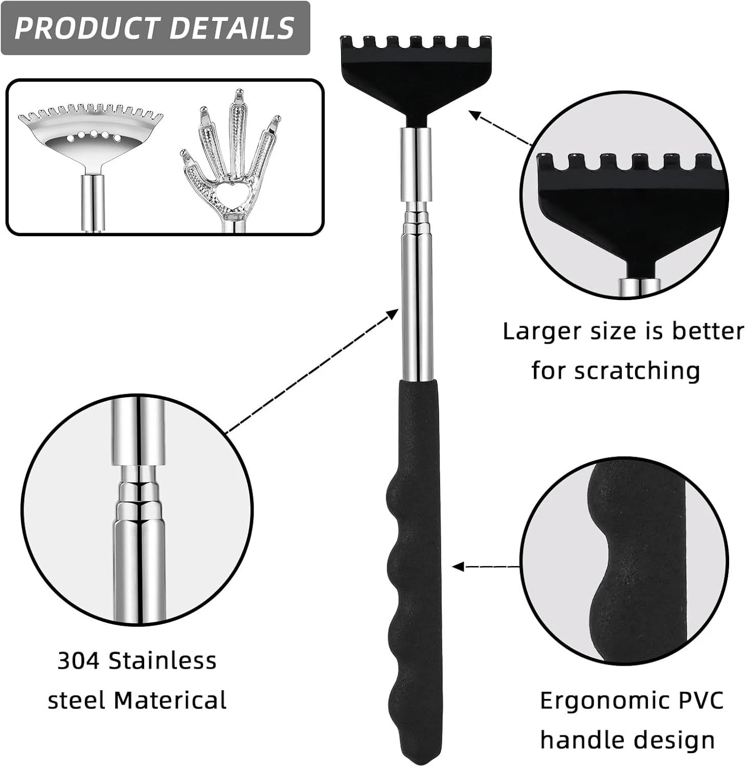 3 Pack Metal Portable Telescoping Back Scratchers with Rubber Handles