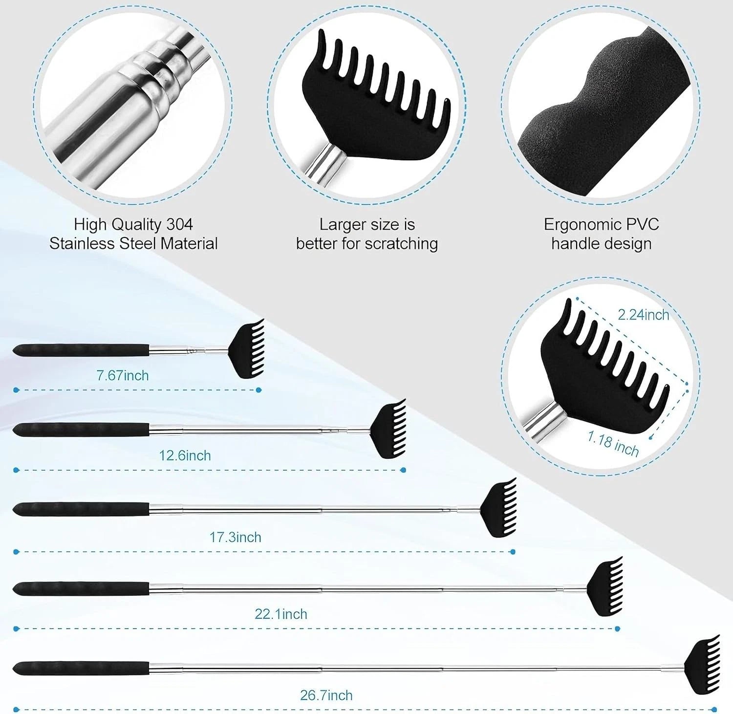 3 Pack Metal Portable Telescoping Back Scratchers with Rubber Handles
