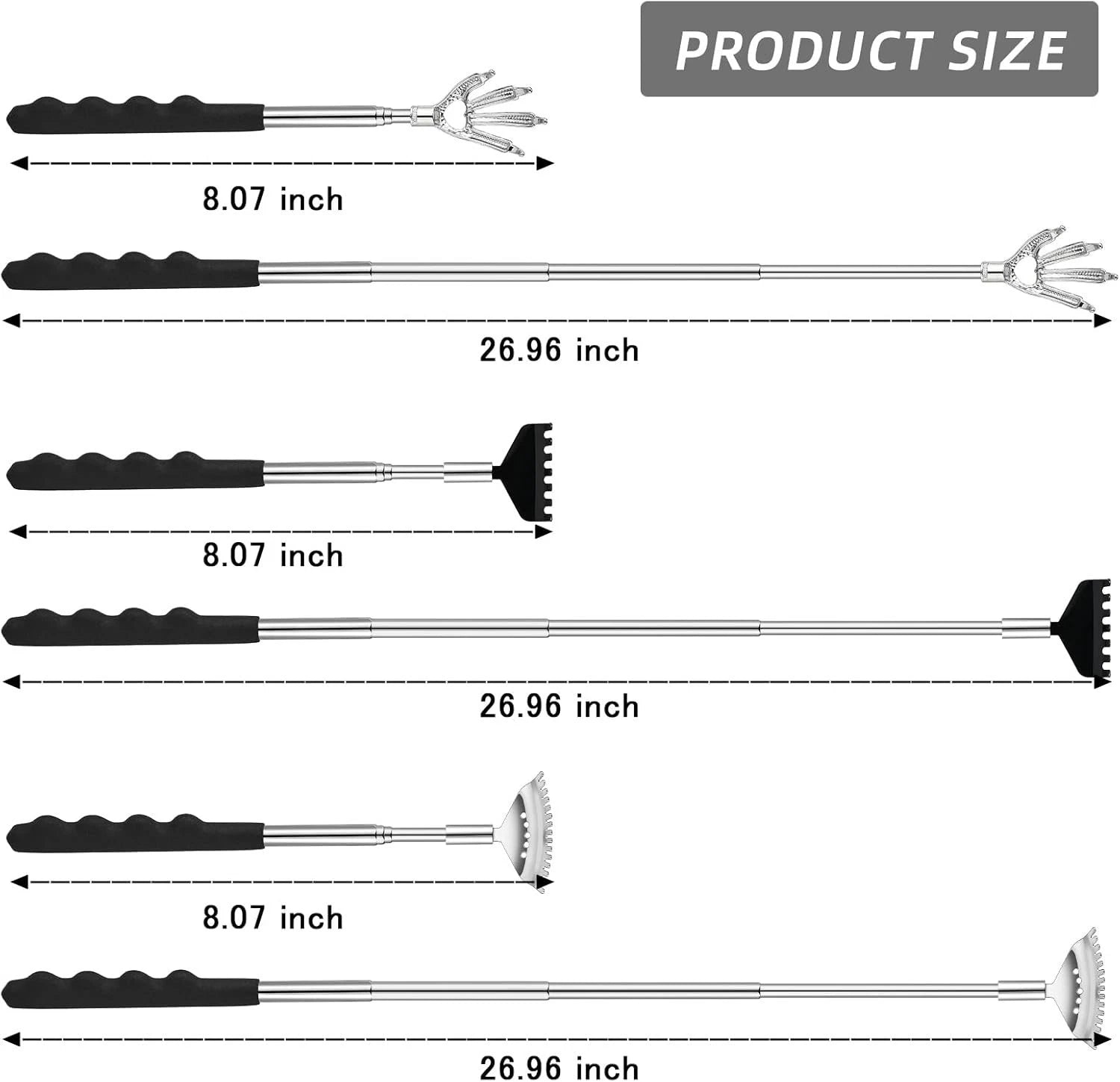 3 Pack Metal Portable Telescoping Back Scratchers with Rubber Handles