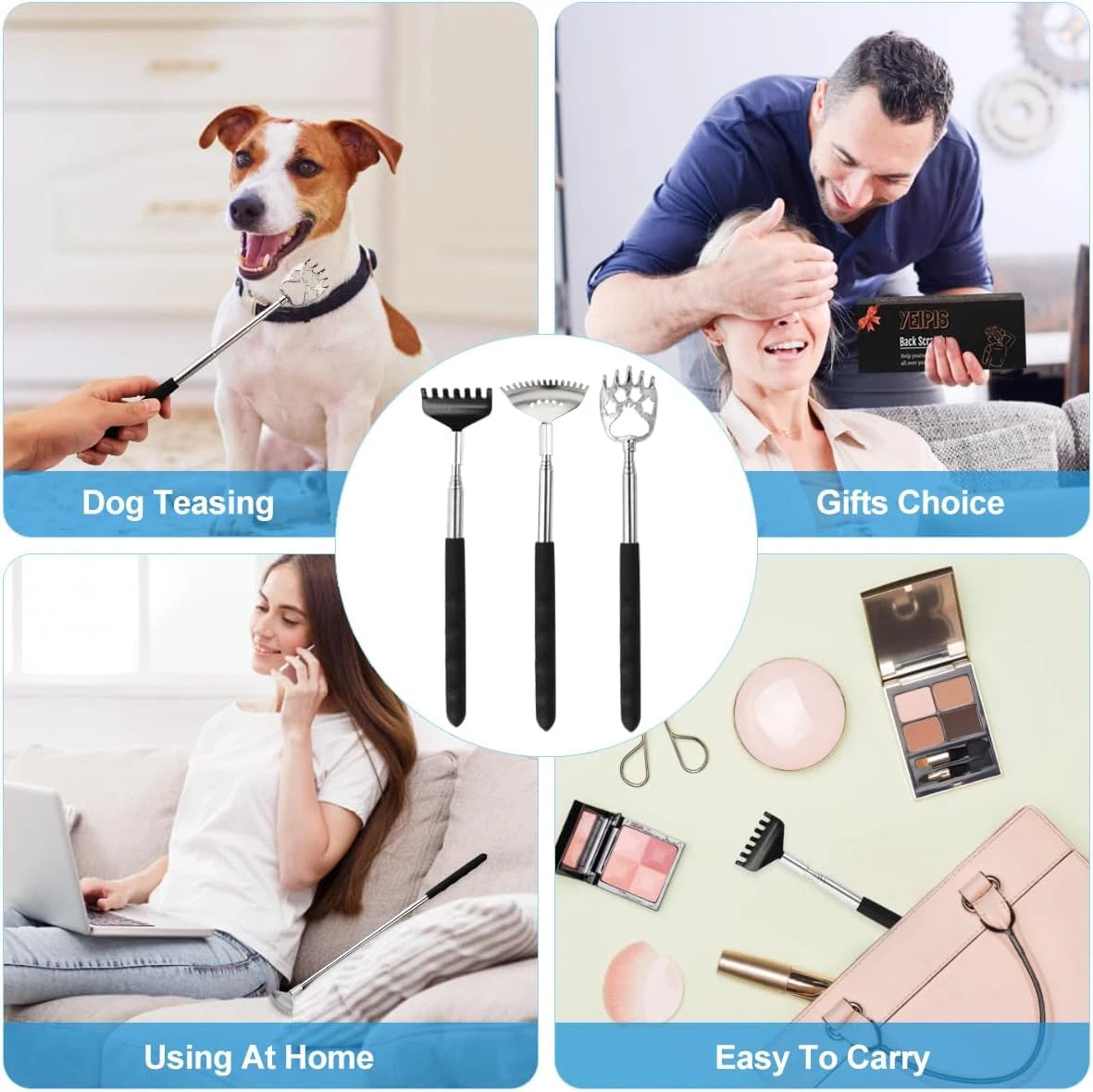 Back Scratcher Set 3 Pc Telescoping Metal Extendable Massager Gift for Men Women