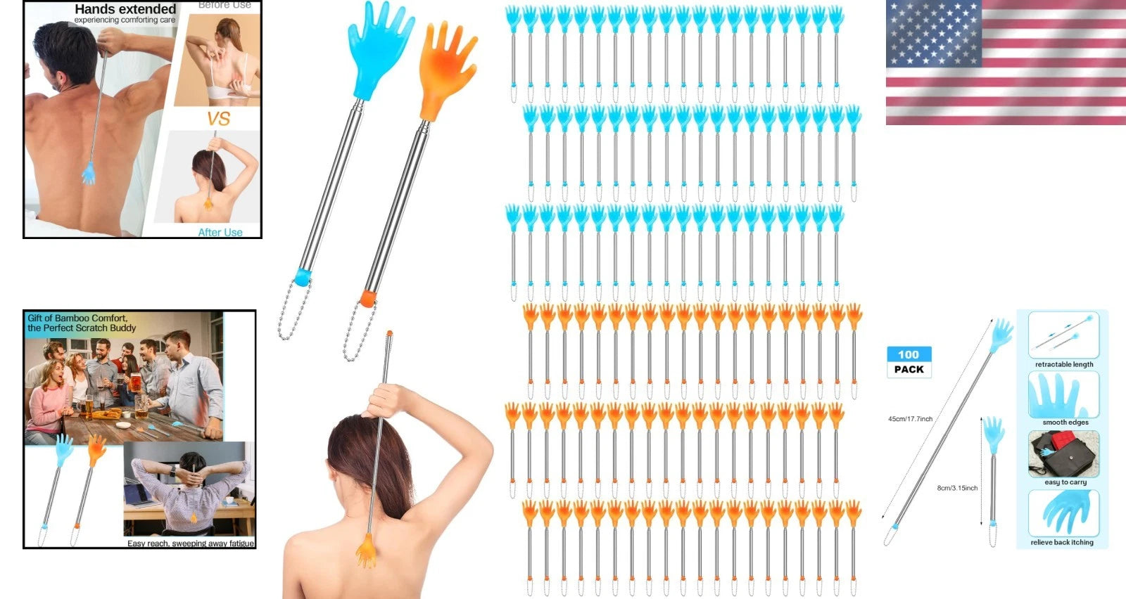 Colorful Extendable Back Scratchers - 100 Pcs in Yellow & Blue for Itch Relief