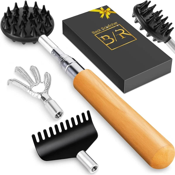 Telescoping Back Scratcher: 4 Detachable Heads, Bamboo Handle - Christmas Gift