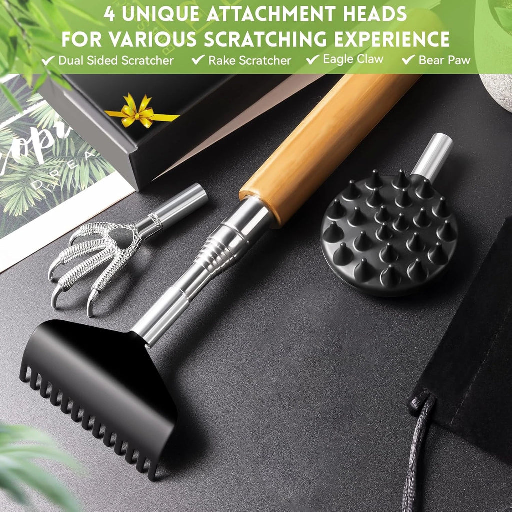 Telescoping Back Scratcher: 4 Detachable Heads, Bamboo Handle - Christmas Gift