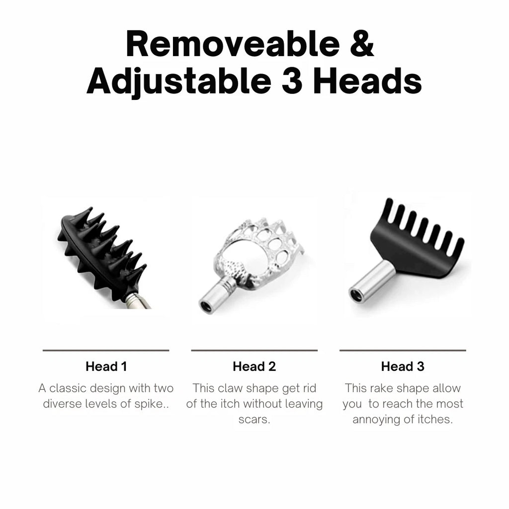 Stainless Steel & Rubber Extendable 30“ Back Scratcher with 3 Detachable Heads