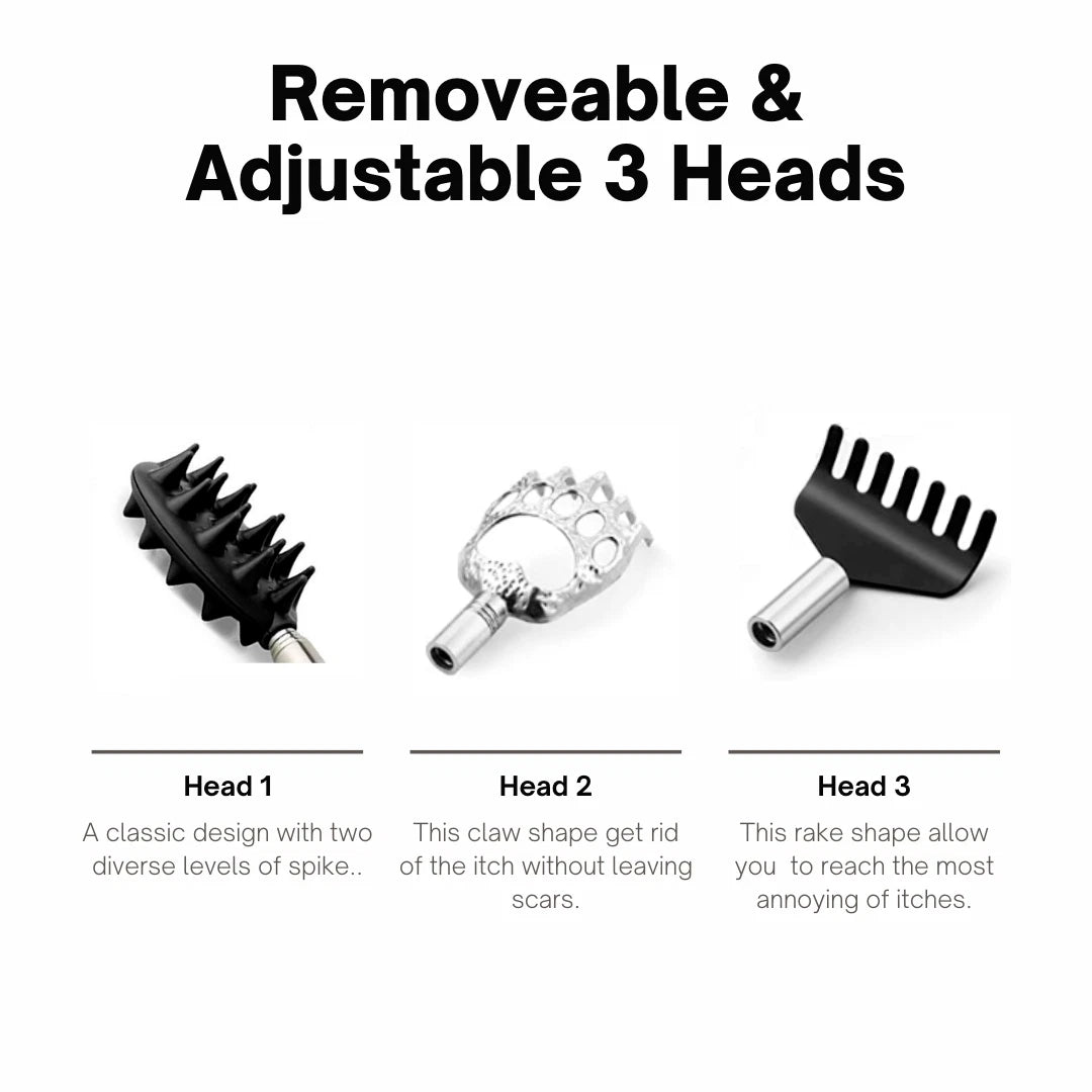 Stainless Steel & Rubber Extendable 30“ Back Scratcher with 3 Detachable Heads