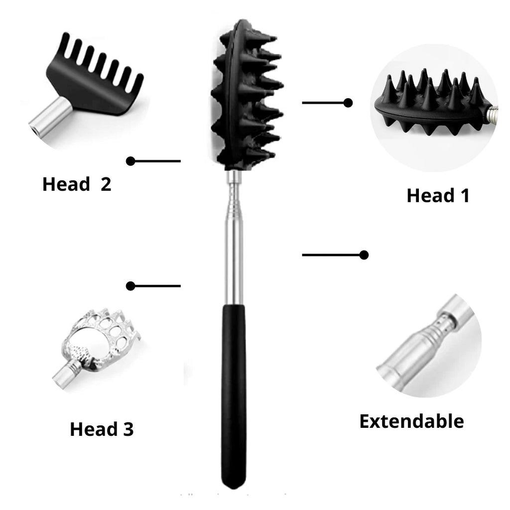 Stainless Steel & Rubber Extendable 30“ Back Scratcher with 3 Detachable Heads