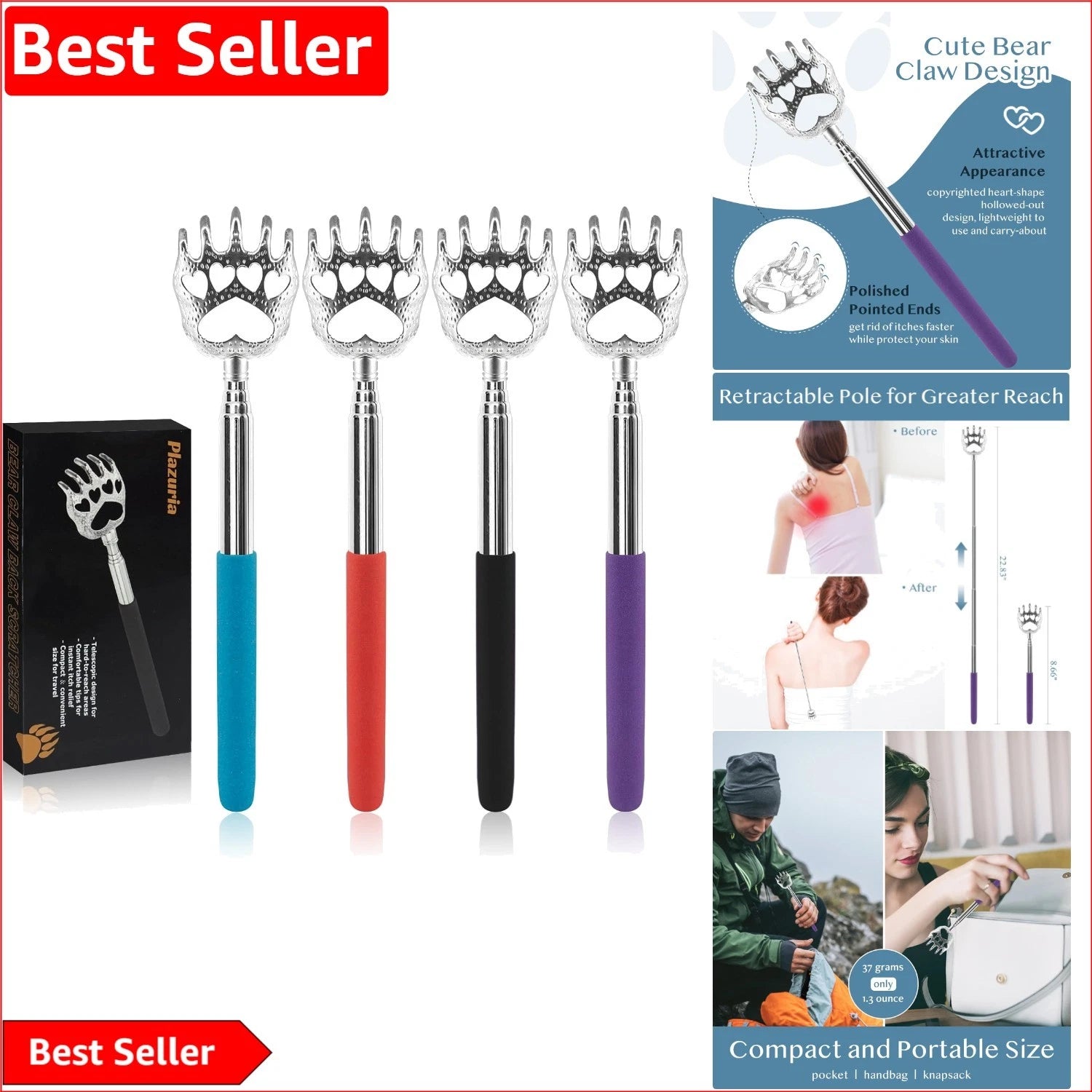 Multi-Purpose Telescopic Back Scratchers - 4-Pack for Easy Itch Relief Anywhere