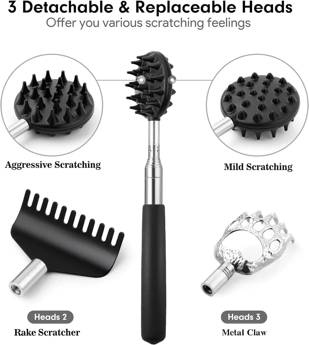 Telescoping Back Scratcher with 3 Detachable Heads, Metal & Rake, Xmas Gifts