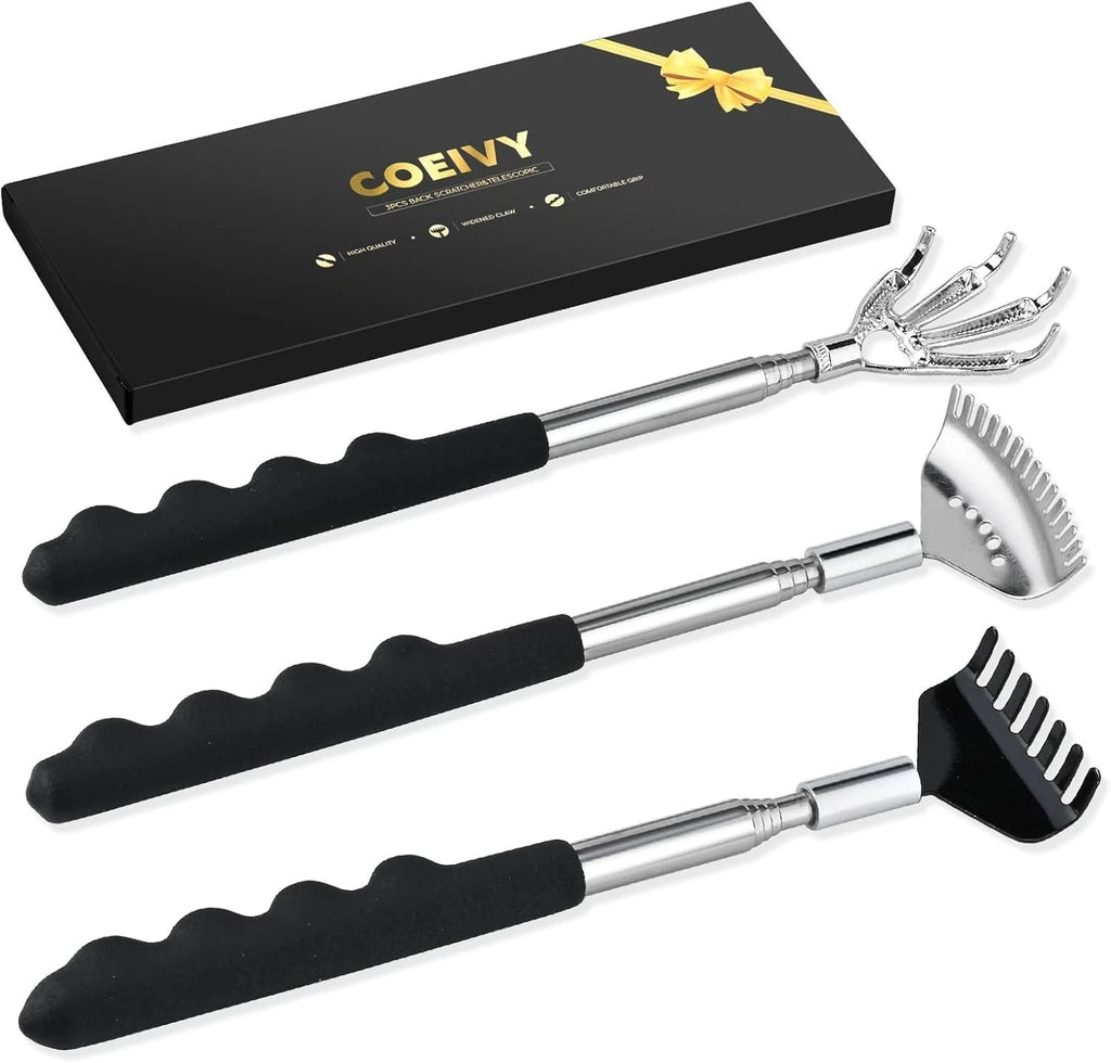 3 Pack Metal Portable Telescoping Back Scratchers with Rubber Handles