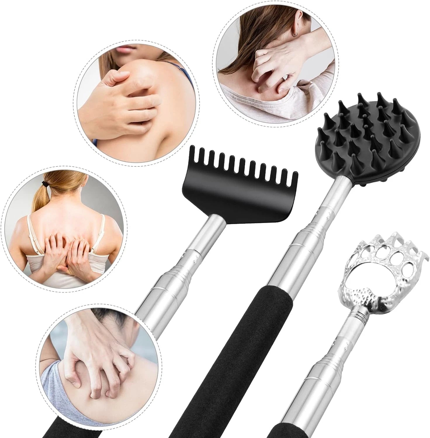 Telescoping Back Scratcher with 3 Detachable Heads, Metal & Rake, Xmas Gifts