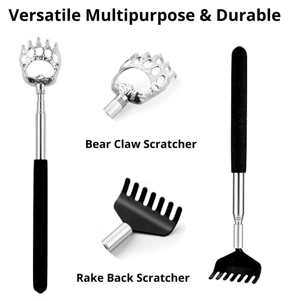Stainless Steel & Rubber Extendable 30“ Back Scratcher with 3 Detachable Heads