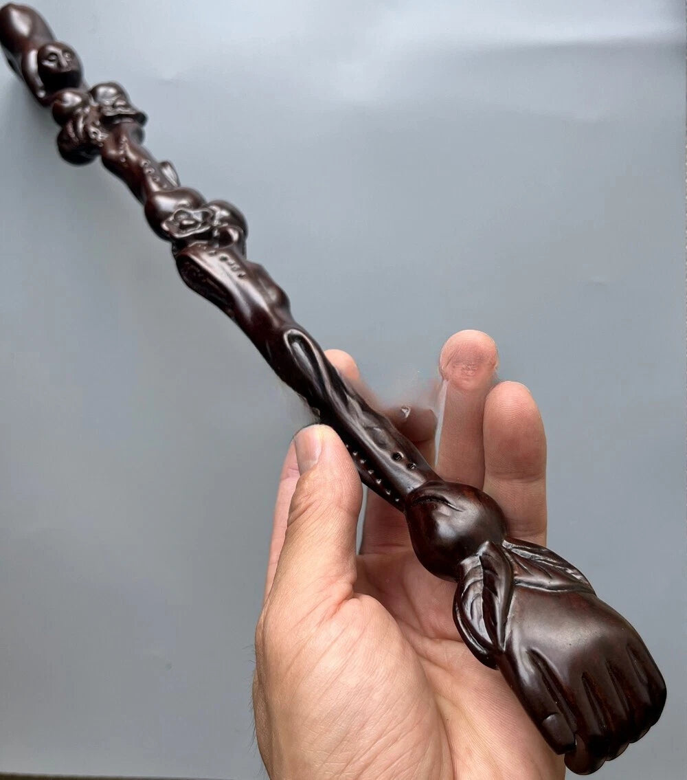 Natural Ebony Wood Carved Monkey Flower Back Scratcher Massage Health Care Tool