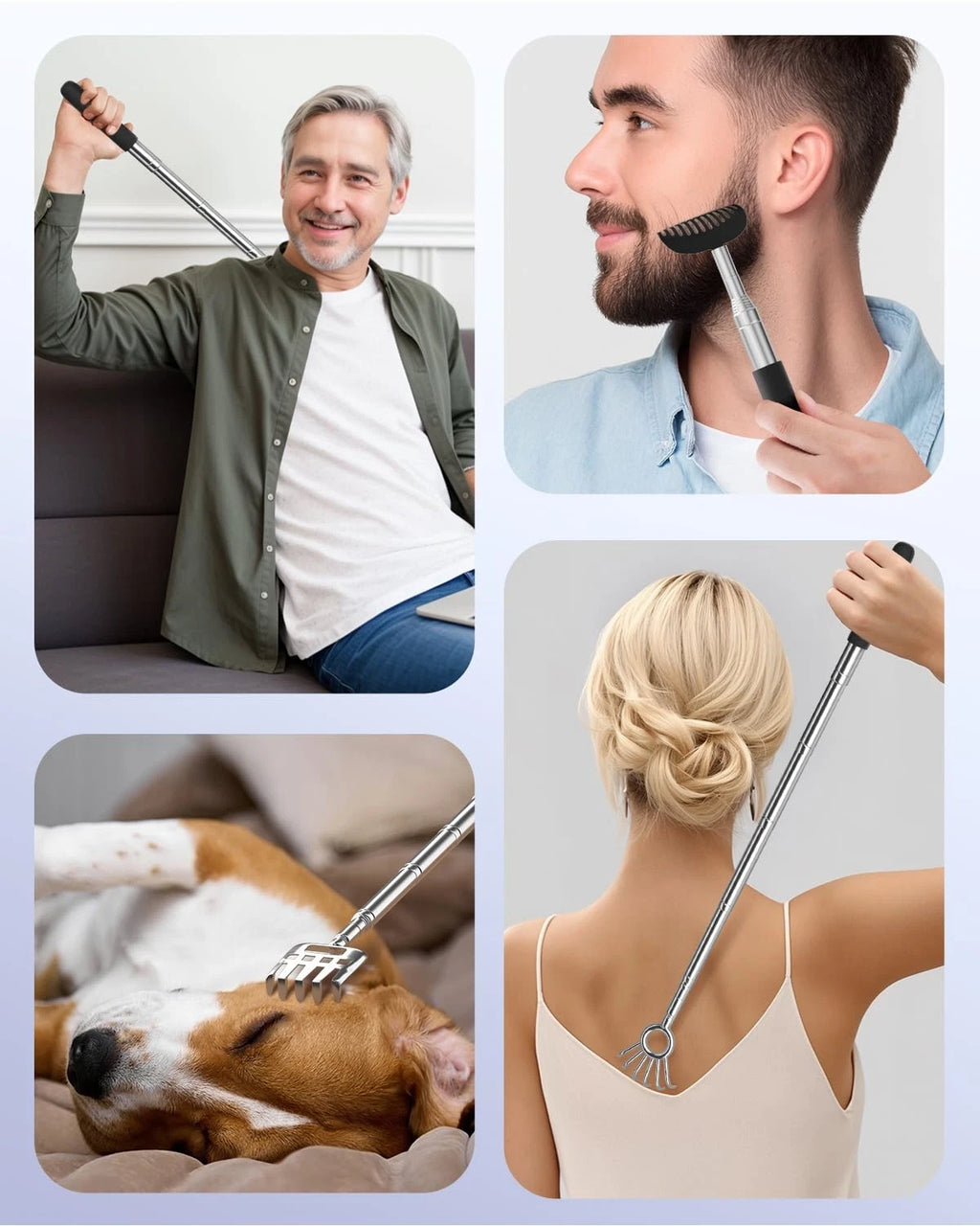 Telescopic back scratcher with 5 removable heads