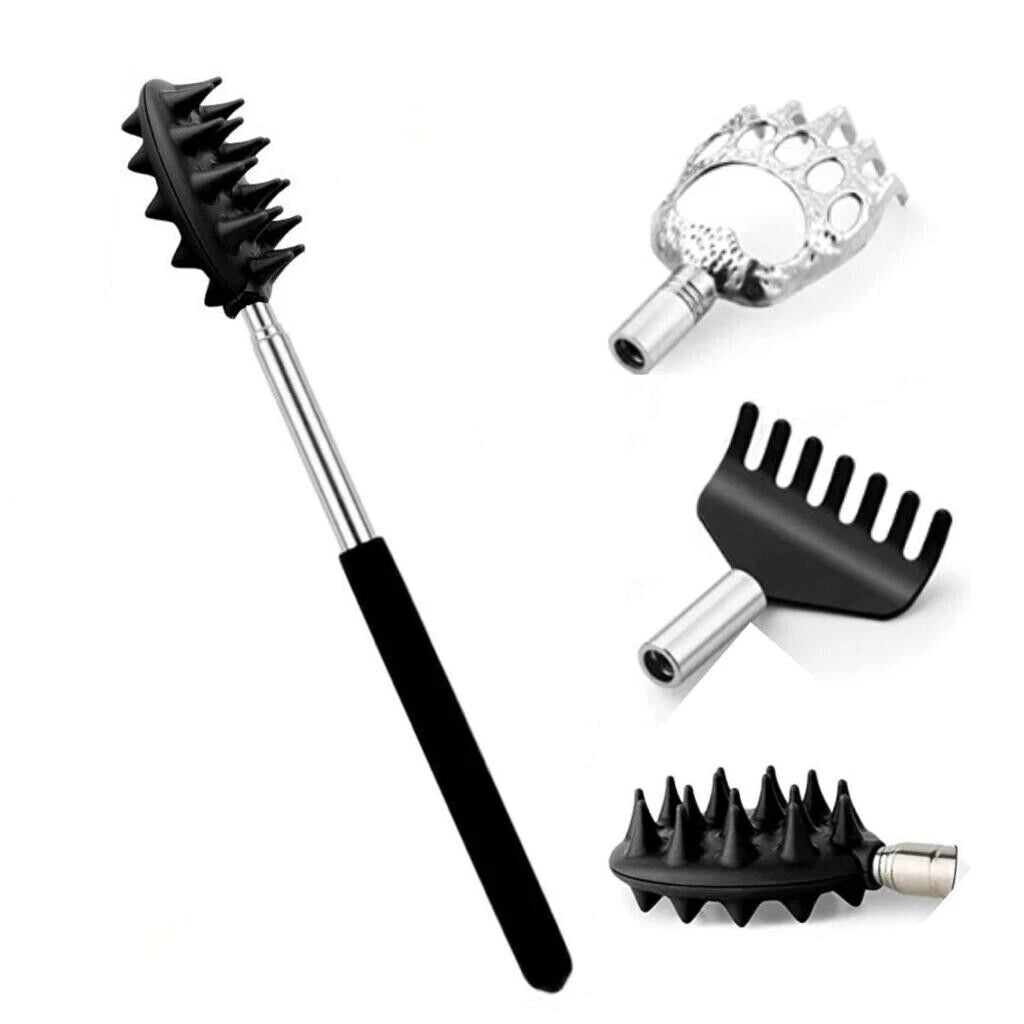 Stainless Steel & Rubber Extendable 30“ Back Scratcher with 3 Detachable Heads