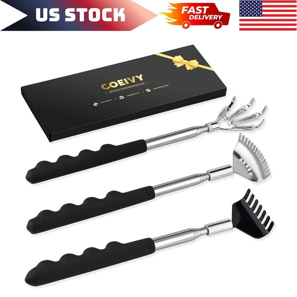 3 Pack Metal Portable Telescoping Back Scratchers with Rubber Handles