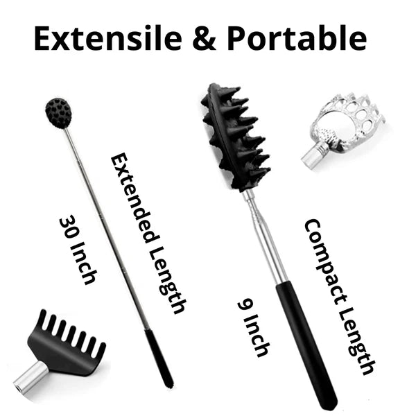 Stainless Steel & Rubber Extendable 30“ Back Scratcher with 3 Detachable Heads