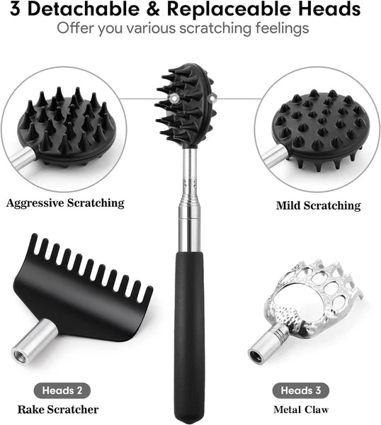 Telescoping Back Scratcher with 3 Detachable Heads, Metal & Rake, Xmas Gifts